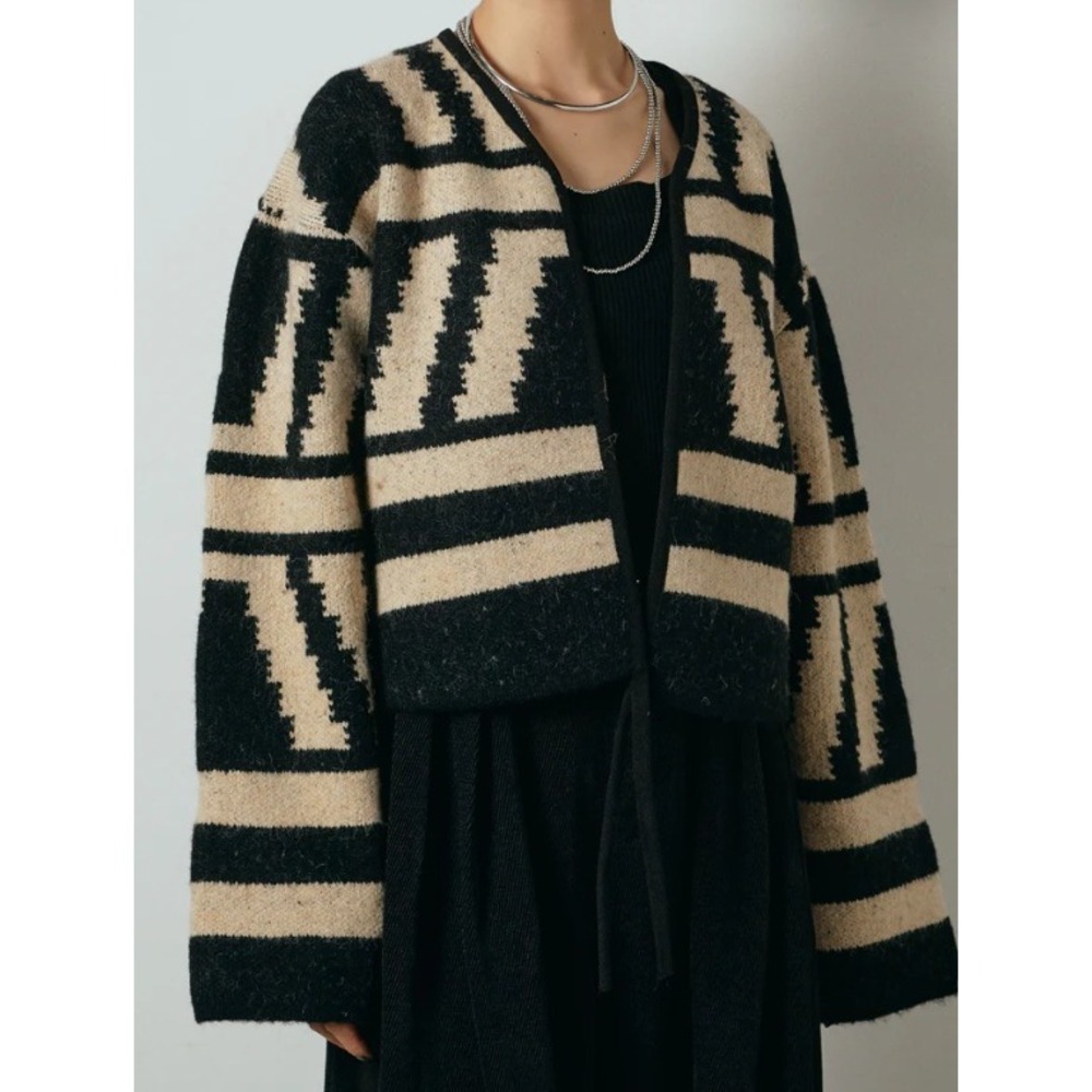 Commense Geometric Print Kimono Sweater Cardigan Beige Black Extra Large